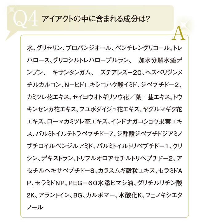 OPアイクリームの中に含まれる成分は？水、プロパンジオール、グリセリン、ペンチレングリコール、トレハロース、グリコシルトレハロース、プルラン、加水分解水添デンプン、キサンタンガム、水添レシチン、トコフェロール、ステアレス－２０、ヘスペリジンメチルカルコン、Ｎ－ヒドロキシコハク酸イミド、ジペプチド－２、カミツレ花エキス、セイヨウオトギリソウ花／葉／茎エキス、トウキンセンカ花エキス、フユボダイジュ花エキス、ヤグルマギク花エキス、ローマカミツレ花エキス、インドナガコショウ果実エキス、パルミトイルテトラペプチド－７、ジ酢酸ジペプチドジアミノブチロイルベンジルアミド、パルミトイルトリペプチド－１、クリシン、デキストラン、トリフルオロアセチルトリペプチド－２、アセチルヘキサペプチド－８、ＢＧ、カルボマー、水酸化Ｋ、ソルビン酸Ｋ、フェノキシエタノール